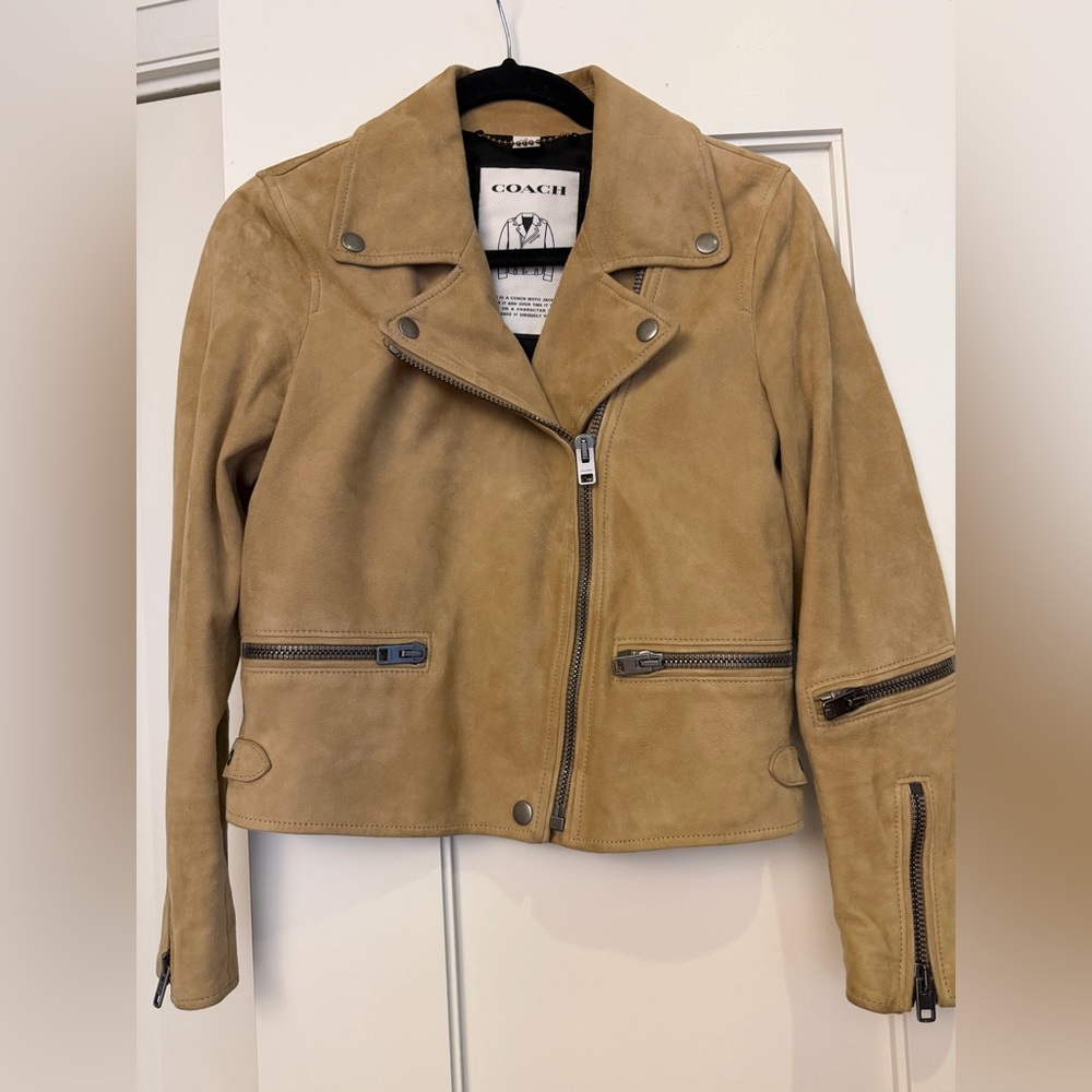 COACH Women's Lamb Suede Moto Jacket in Tan